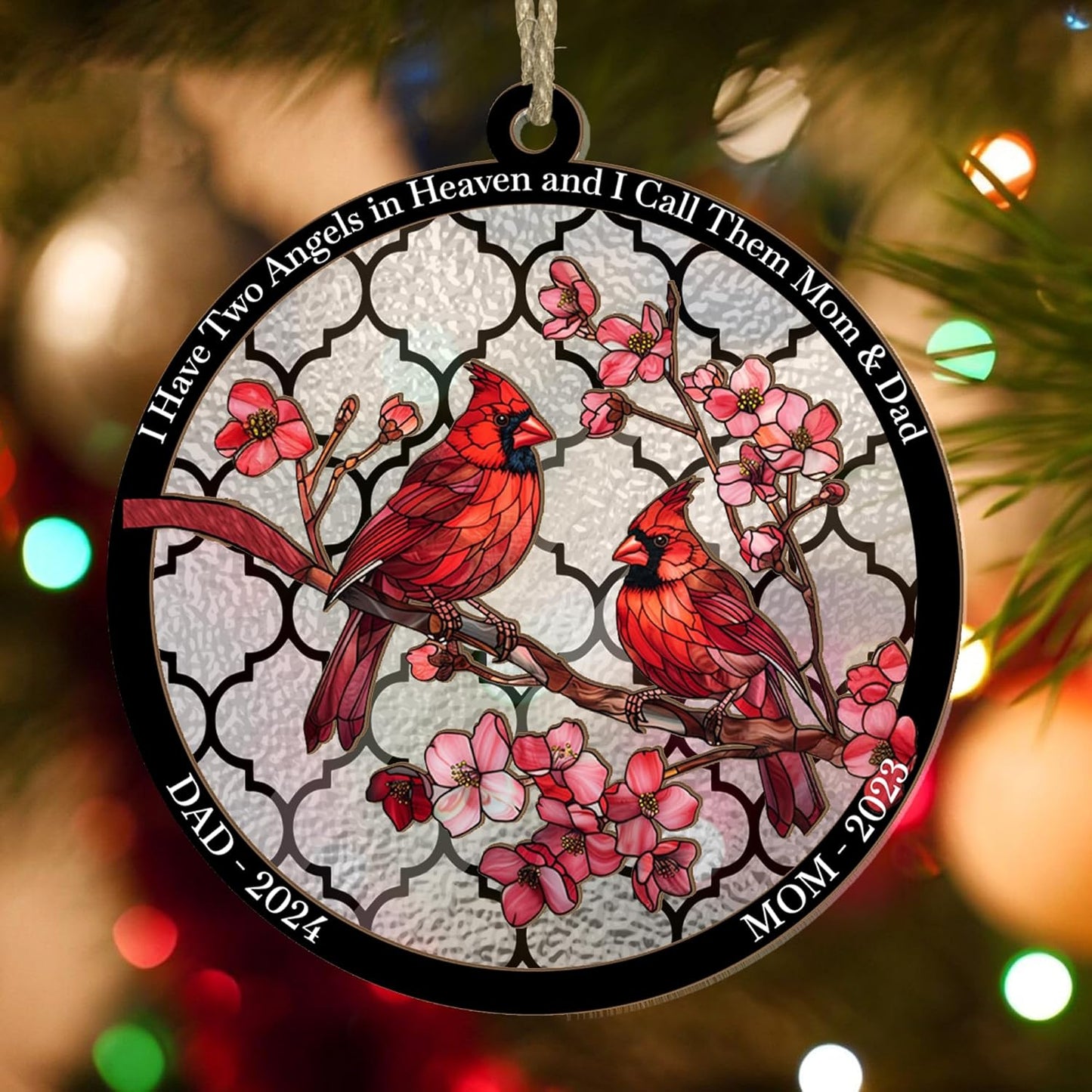 Personalized Cardinal Window Suncatcher Memorial Ornament – “I Have Two Angels in Heaven” Custom Remembrance Gift for Loss of Mom and Dad – Cardinal Suncatchers for Windows or Car Mirror Display