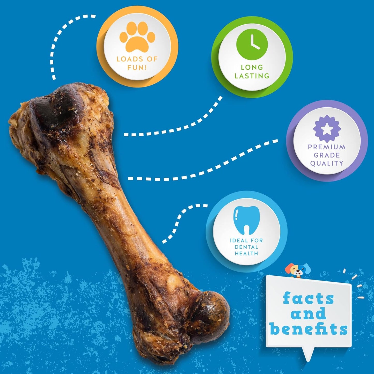 Jack&Pup 8" Pork Femur Bones for Dogs, Big Bones for Large Dogs, Gourmet Ham Beef Bones for Agressive Chewers, 4 Pack