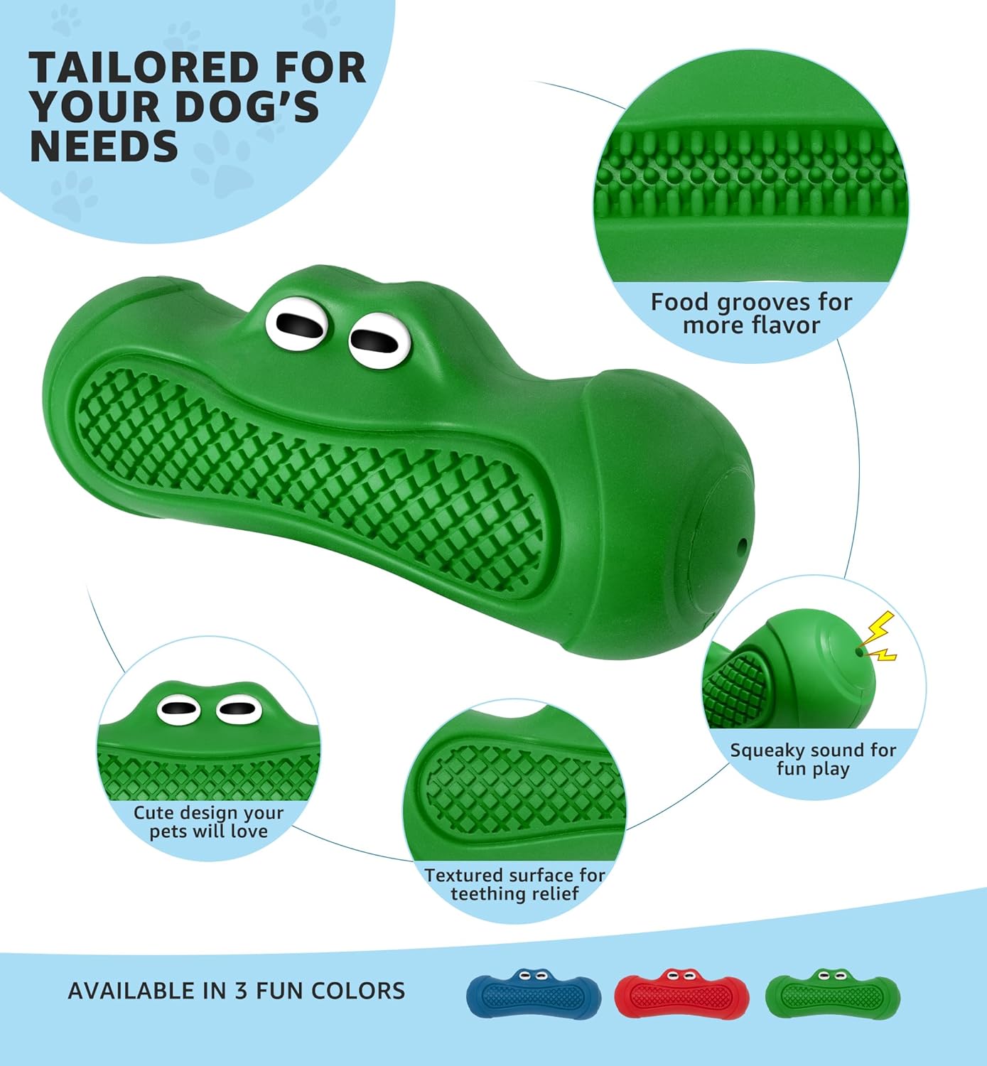Durable Dog Chew Toy for Aggressive Chewers, Tough Natural Rubber Squeaky Dog Toy with Irresistible Beef Flavor, Dental Care, Teeth Cleaning & Boredom Relief for Medium & Large Dogs (Green)
