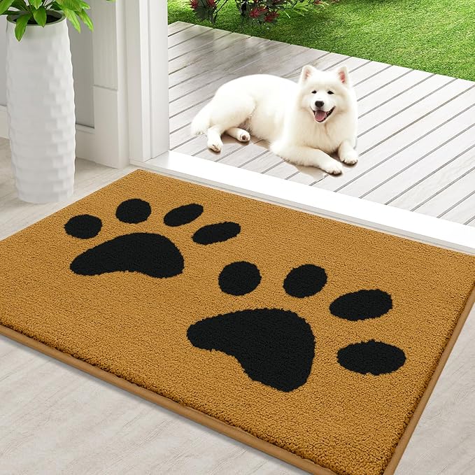 Buganda Dog Door Mat for Muddy Paws, Absorbent Dirt Trapper Washable Indoor Doormats, Non Slip Low-Profile Mud Mat for Dogs, Front Entrance Doormat for Inside Floor (36x24 Inches, Yellow and Black)