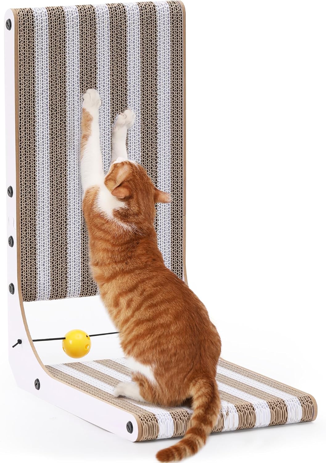 FUKUMARU Cat Scratcher, 18.9 Inch L Shape Cat Scratch Pad, Strip Pattern Cats Scratching Post Wall Mounted, Cardboard Cats Scratcher with Ball Toy for Indoor Kitty, Fun Playing Box Included, M