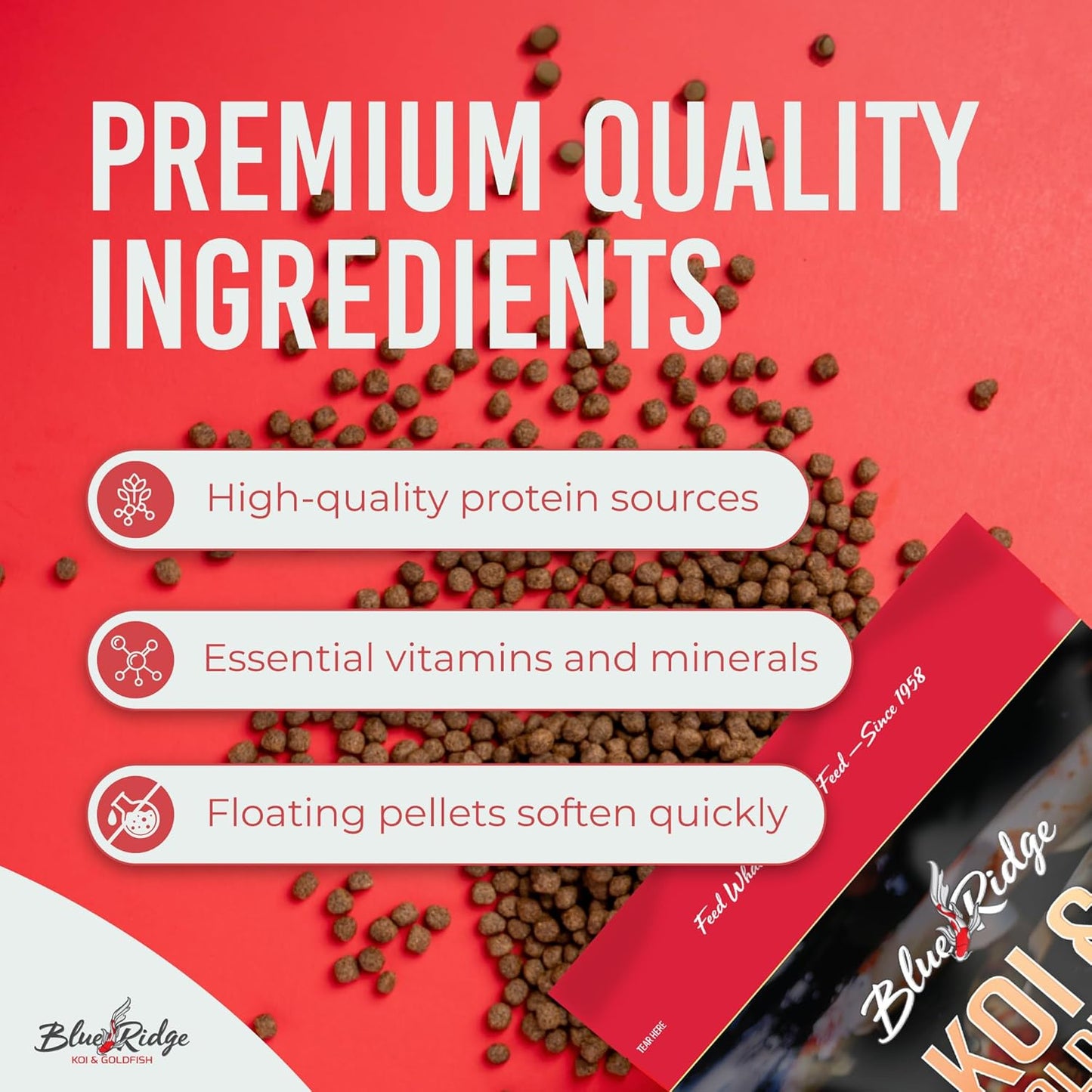 Blue Ridge Koi Fish Food 2lb - Cool Water Wheat 3/16", Fall and Winter Floating Pond Pellets, Ponds Fish Food