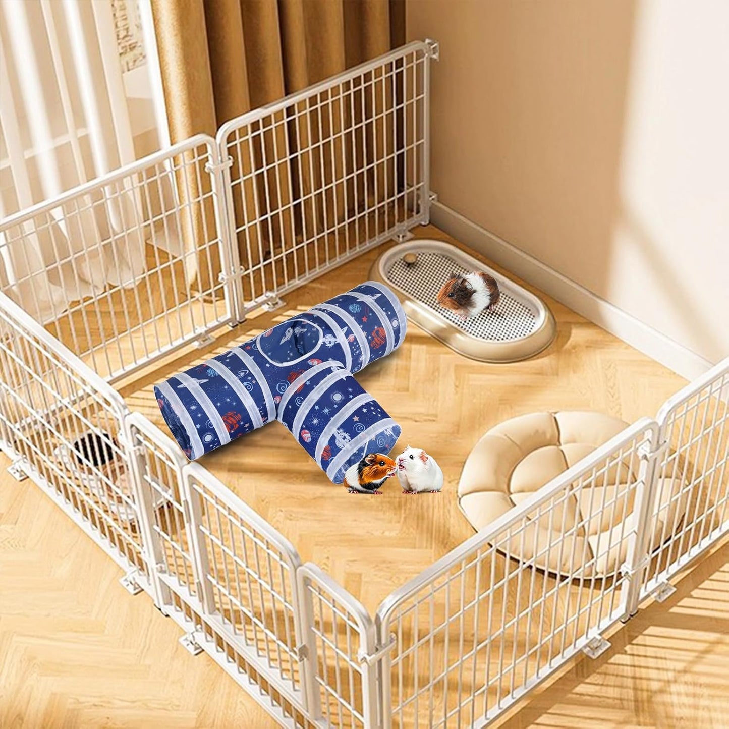 HERCOCCI Rabbit Toys, Collapsible Bunny Tunnels & Tubes 3 Way Rabbit Hideout Tunnel with Chew Toy for Bunny Guinea Pig Ferret Kitten