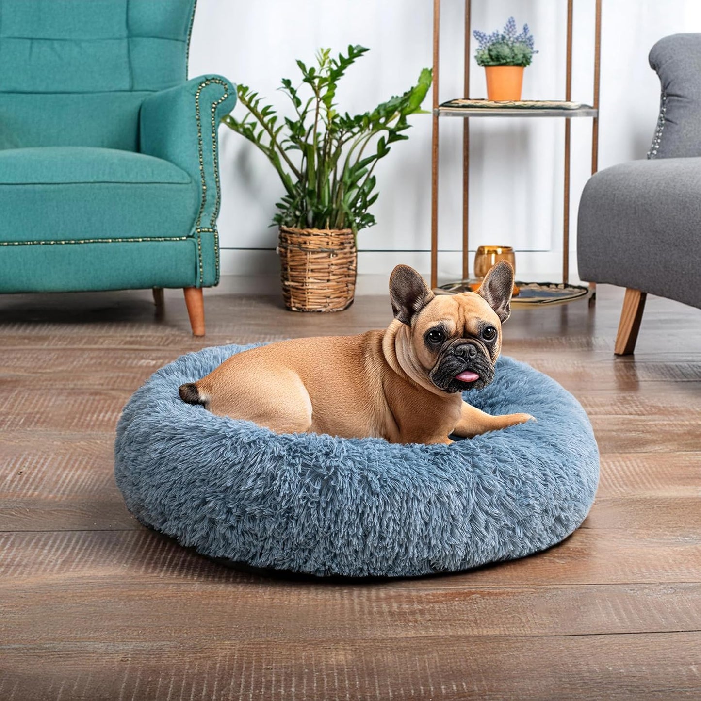 PetAmi Calming Dog Bed for Small Medium Dog Cat, Round Donut Washable, Fluffy Faux Fur Plush Cuddler Pet Kitten Cushion, Anti-Slip, Fits up to 25 lbs, 23 inch, Dusty Blue