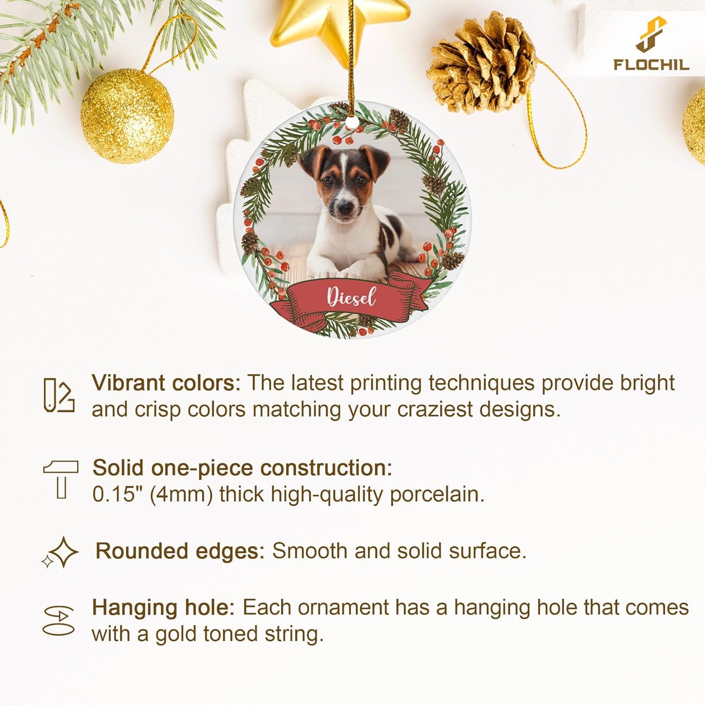 FLOCHIL Personalized Dog Christmas Ornaments, Custom Photo Name for Christmas Trees, Dog First Christmas Ornaments, Best Gifts for Pet Lovers