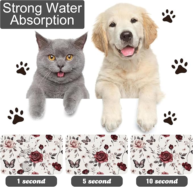 Vintage Flower Butterfly Dog Cat Food Mat-Absorbent Placemat for Food and Water Bowl, Waterproof Non Slip Rubber Backing Dog Food Mats for Floors, Pet Supplies 16 * 24 inch