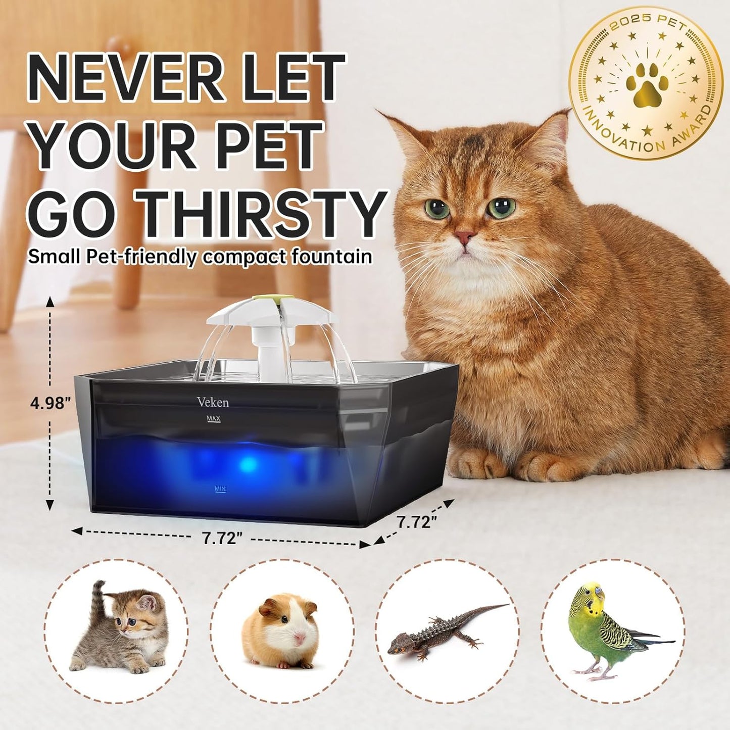Veken Award-Winning Small Pet-Friendly Cat Water Fountain with Stainless Steel Lid & Quiet Pump, Easy to Clean & Assemble, 50oz Mini Pet Water Dispenser for Cats, Dogs and Small Animals, Silver