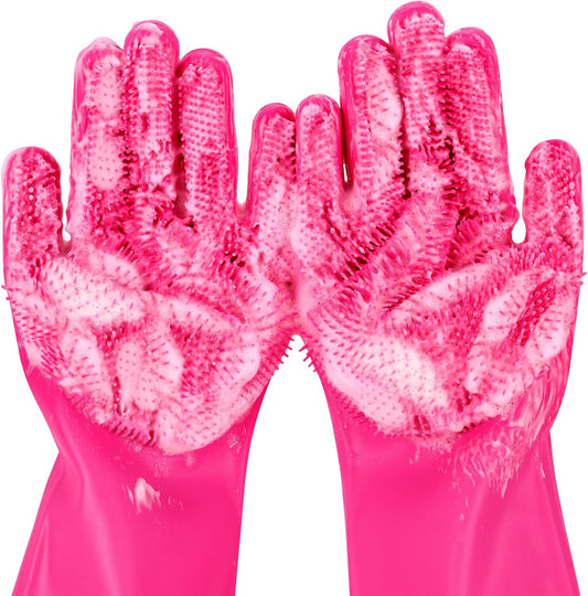 Pecute Pet Grooming Gloves - Heat Resistant Silicone Gloves with High-Density Teeth and Enhanced Five Finger Design for Bathing and Massaging Dogs and Cats (Pink)