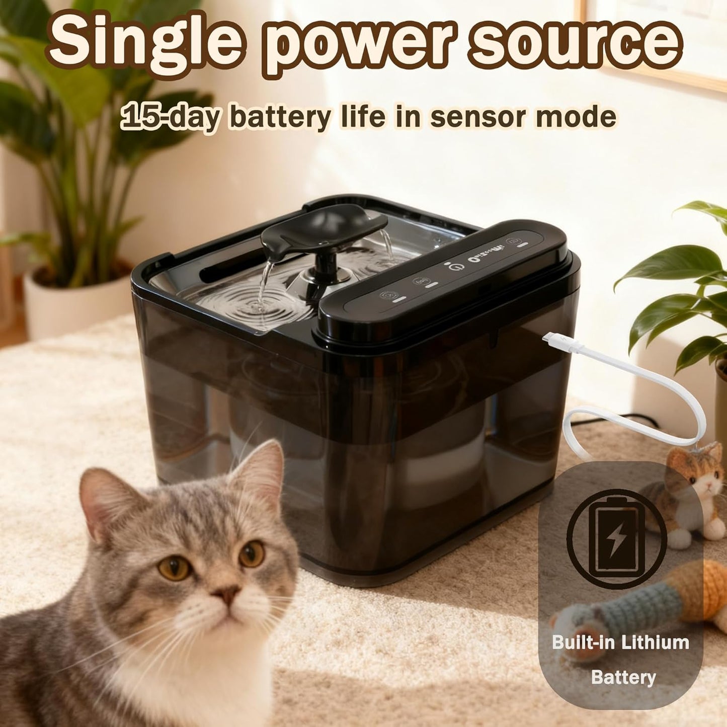 Pet Water Fountain for Cat and Dog - Rechargeable Battery Operated Automatic Water Dispenser 3L with Steel Dish and Replacement Filter - Quiet Wireless Auto Kitty Drinking Fountain