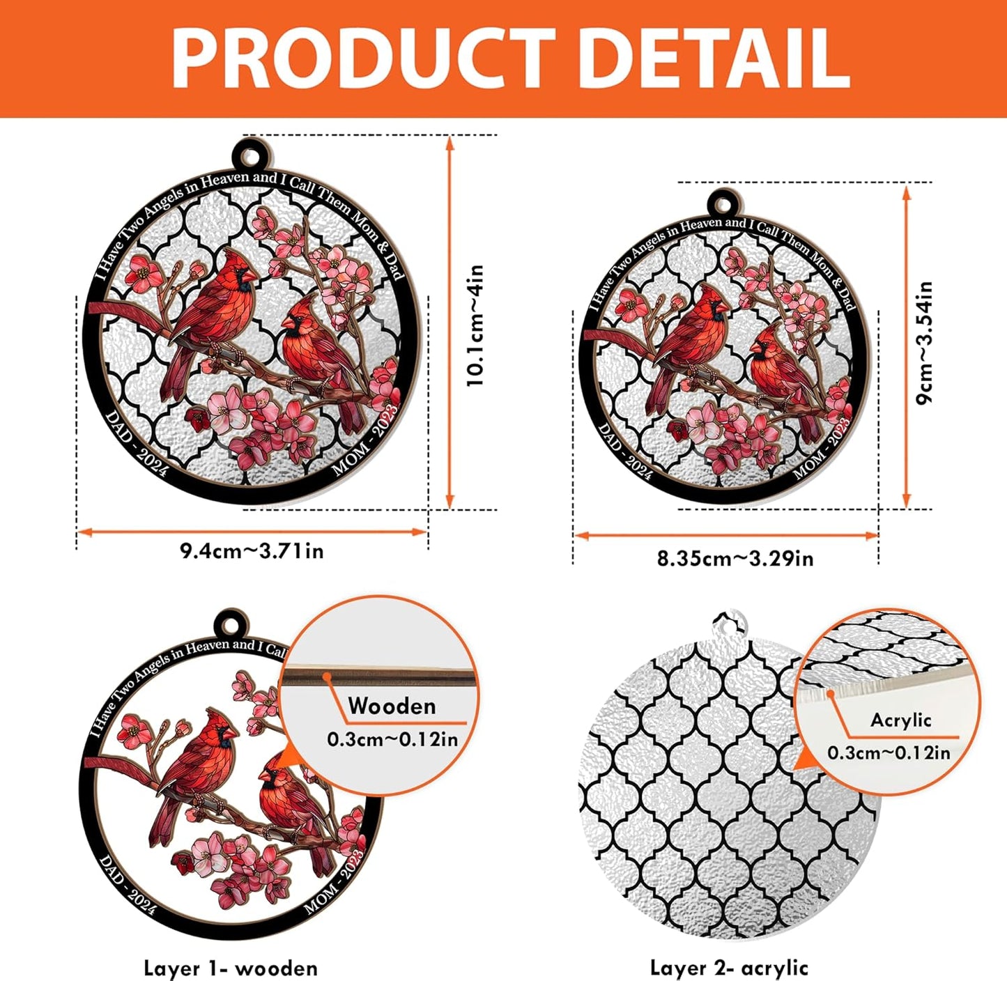 Personalized Cardinal Window Suncatcher Memorial Ornament – “I Have Two Angels in Heaven” Custom Remembrance Gift for Loss of Mom and Dad – Cardinal Suncatchers for Windows or Car Mirror Display