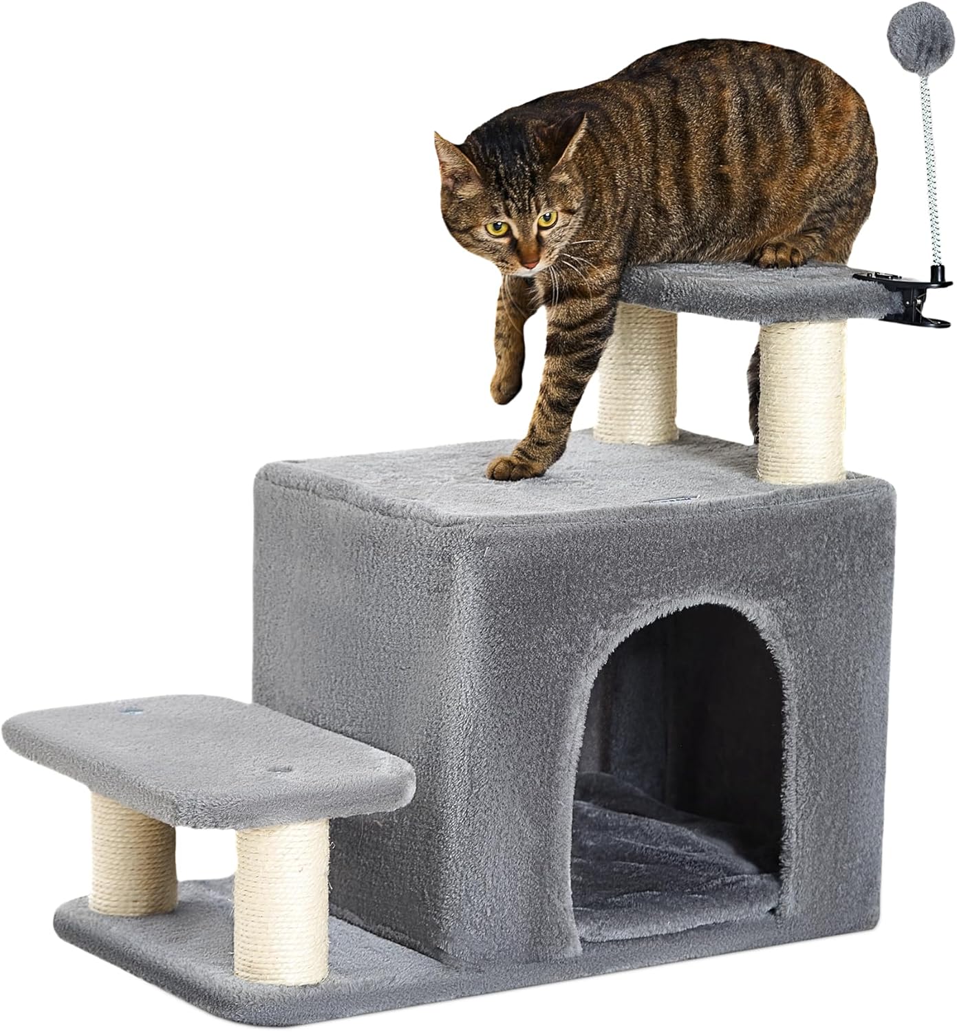 Happi N Pets Dog Stairs with Cat Scratching Post & Large Condo, Stable Pet Steps for High Beds Couch, 3 Combinations Cat Ramp Tree Tower for Cats or Small Dogs, Removable Cushion & Bonus Toy, Gray
