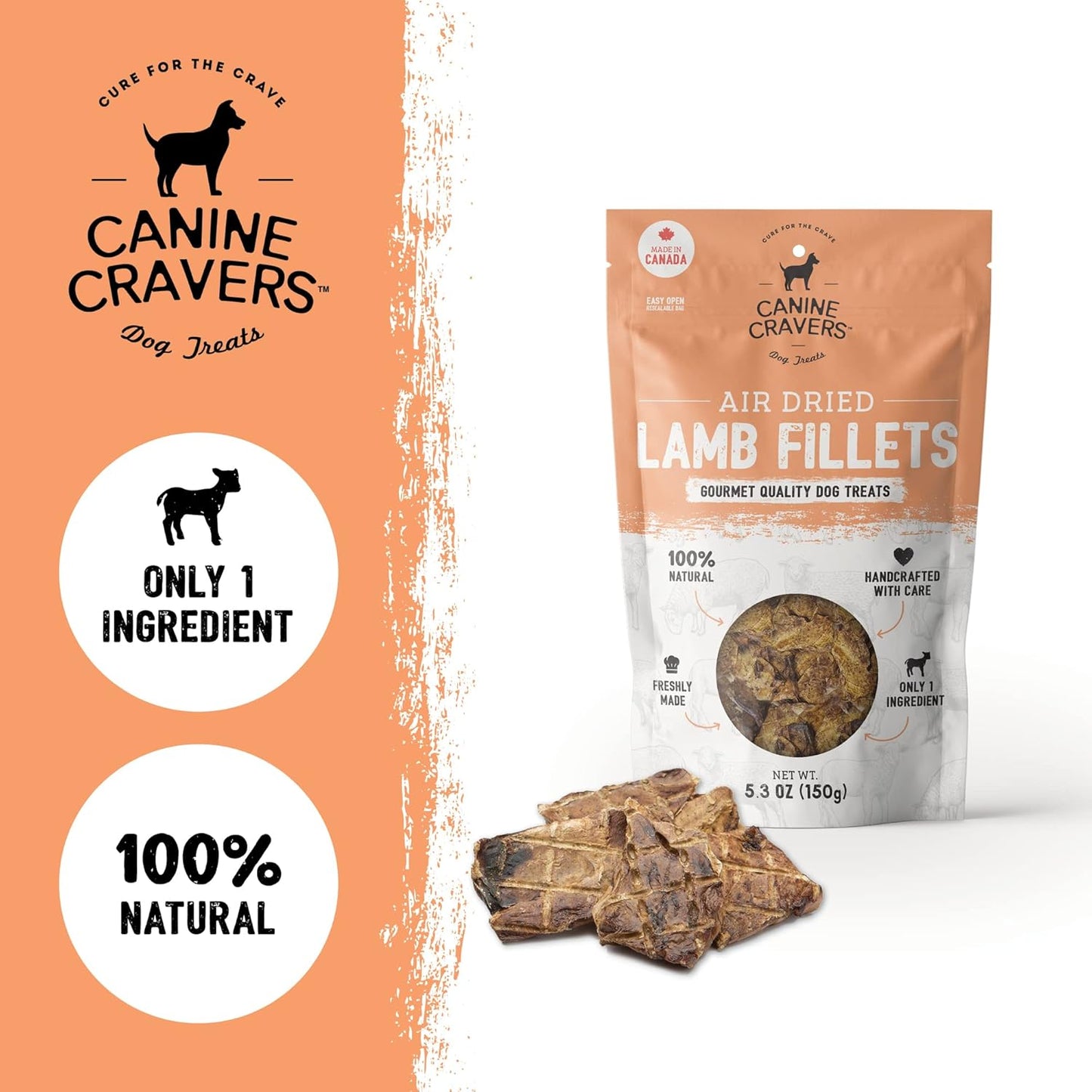 Canine Cravers Single Ingredient Dog Treats – Premium Lamb Fillets - Human Grade Air Dried Hypoallergenic Pet Food – Grain, Gluten, and Soy Free – 100% All Natural – 5.3 oz (Pack of 2)