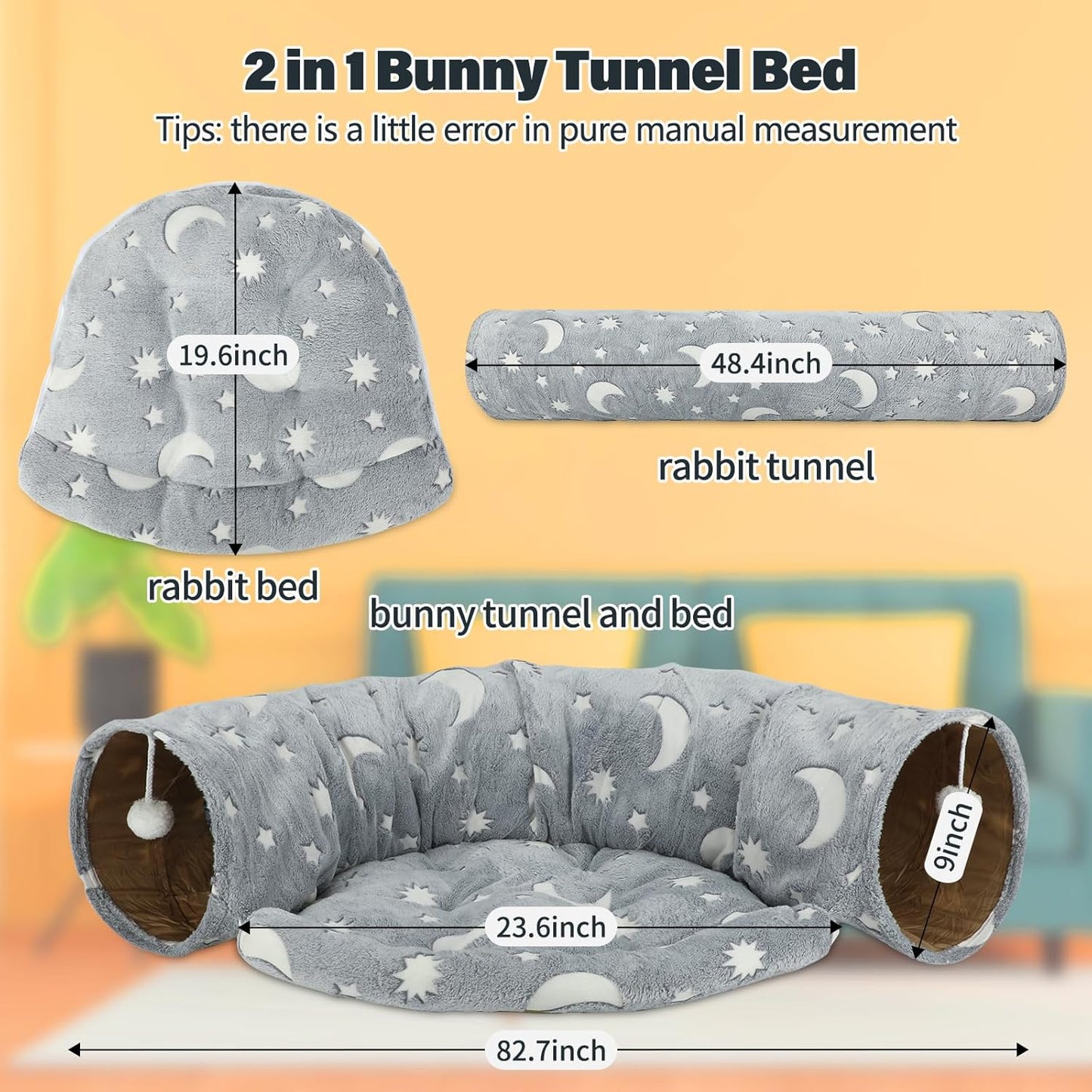 BWOGUE Bunny Tunnel Bed, 2-in-1 Collapsible Tunnel Tubes Toys with Removable Mat Hideout for Cats Kittens Rabbits Guinea Pigs Kitty