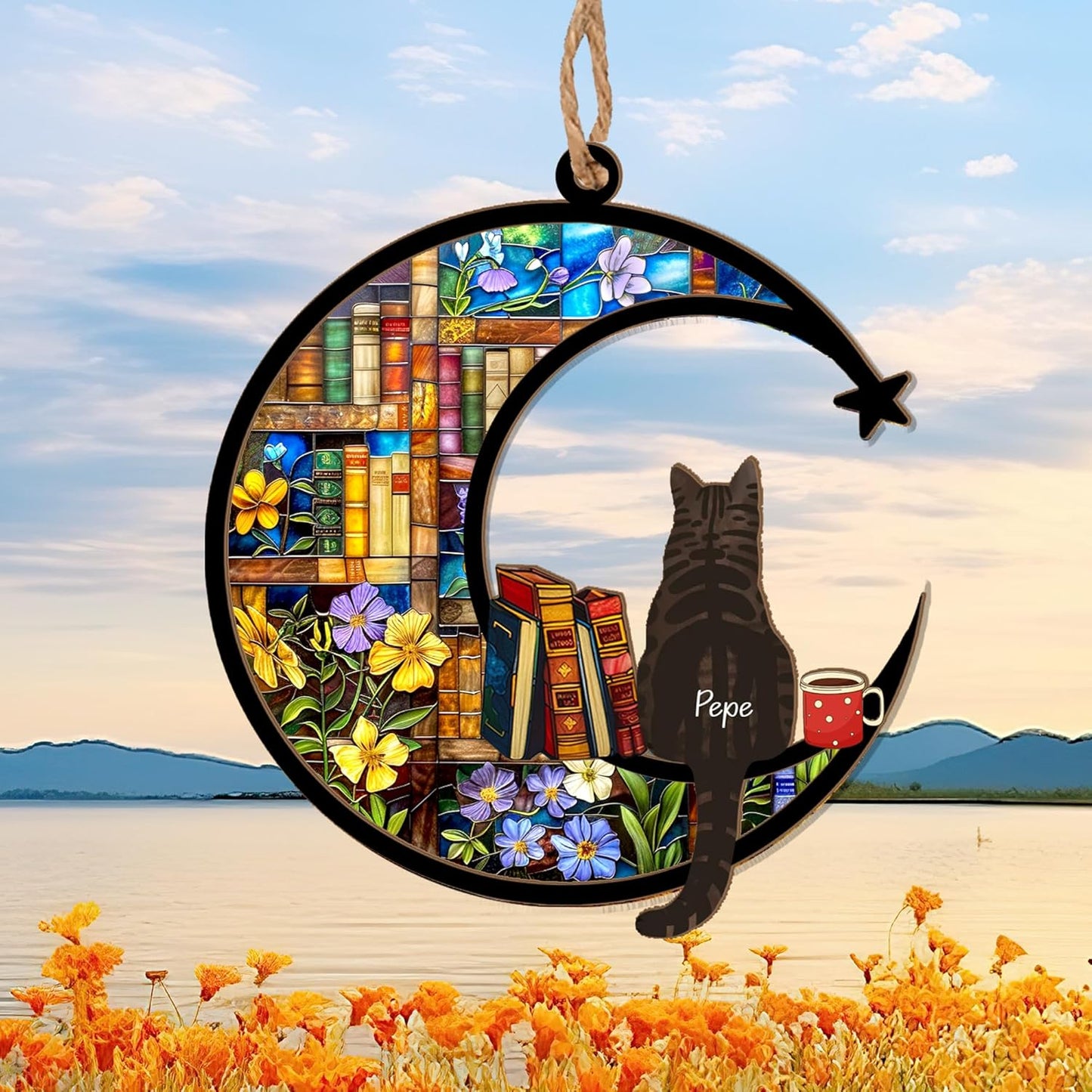 Personalized Pet Memorial Suncatcher – Custom Cat Book Suncatcher with Name & Breed, Memorial Keepsake for Cat Lovers, Home Décor Gift for Nerds, Librarians & Readers