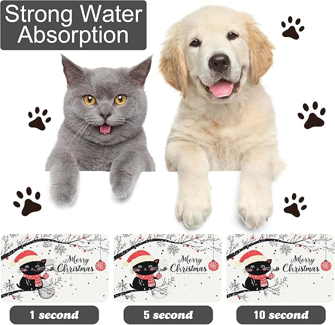 Christmas Black Cat Pet Feeding Mat-Quick Dry Absorbent Dog Cat Food Mat, Anti-Slip Water Bowl Mats for Messy Eaters-No Stains Indoor Pet Accessories 16"x24"