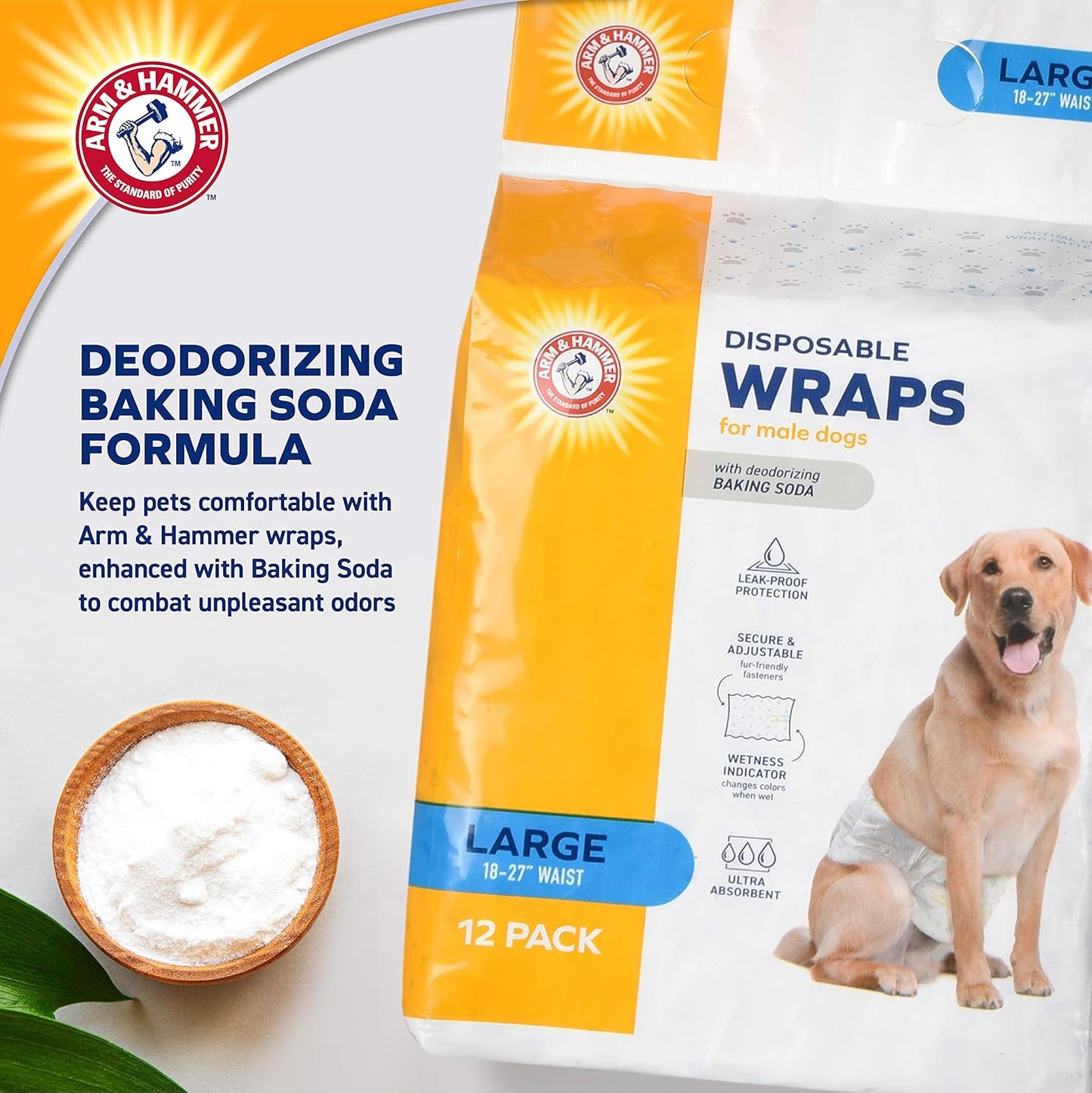 Arm & Hammer for Pets Male Dog Wraps, Size Large, 12 Count | Ultra-Absorbent, Adjustable Male Dog Diapers with Leak-Proof Protection and Wetness Indicator for Large Dogs