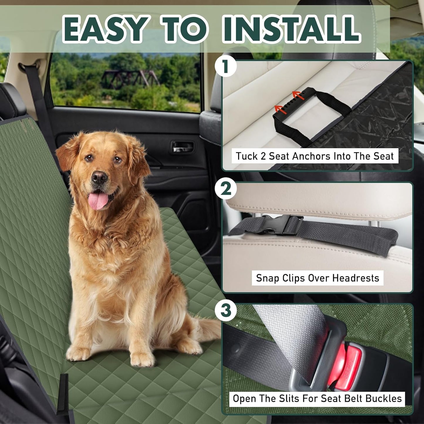 Backseat Cover for Dogs, Waterproof and Non-Slip Pet Bench Seat Covers, Car Seat Protector for Back Seat, Universal Size Rear Car Seat Cover Fits Cars, Trucks and SUVs, L-Army Green&Grey