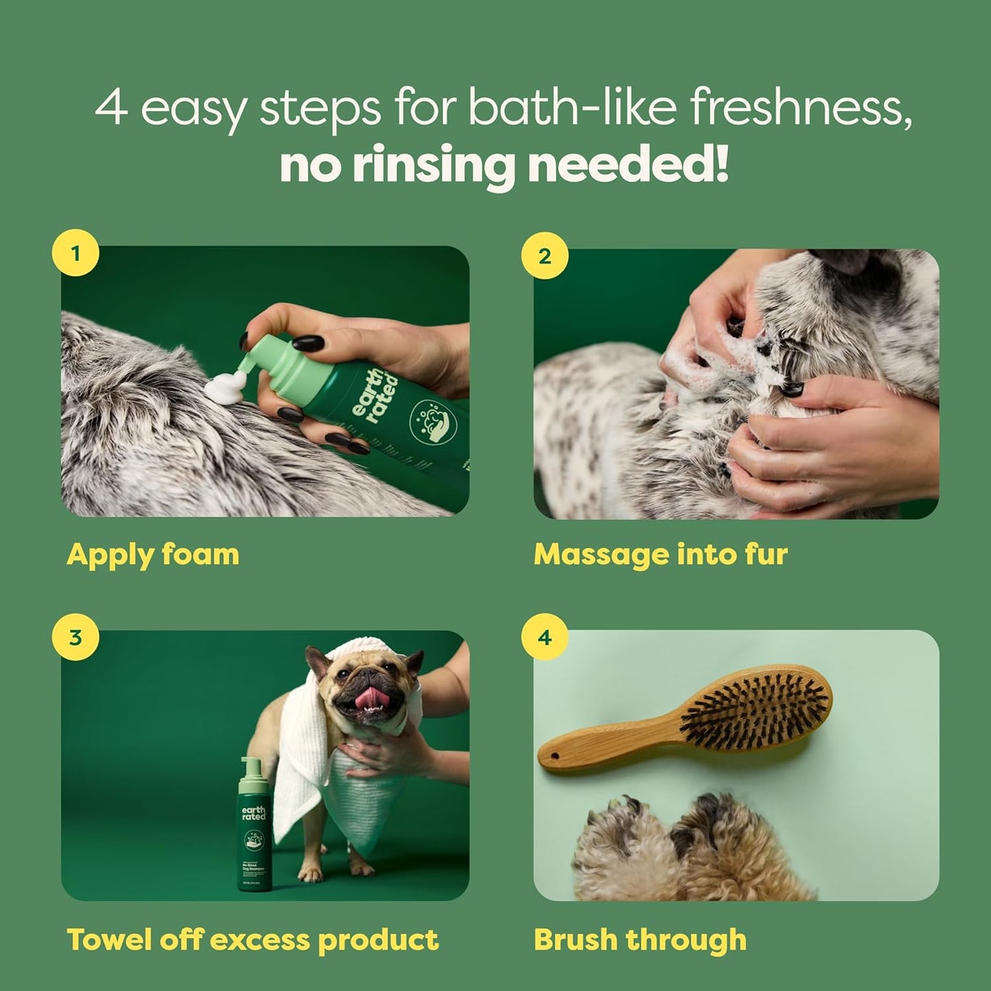 Earth Rated Waterless Dog Shampoo & Conditioner, Convenient No-Rinse Wash for Cleaning, Conditioning & Detangling, for All Coat Types, Refreshing White Tea and Basil Scent, 7 oz