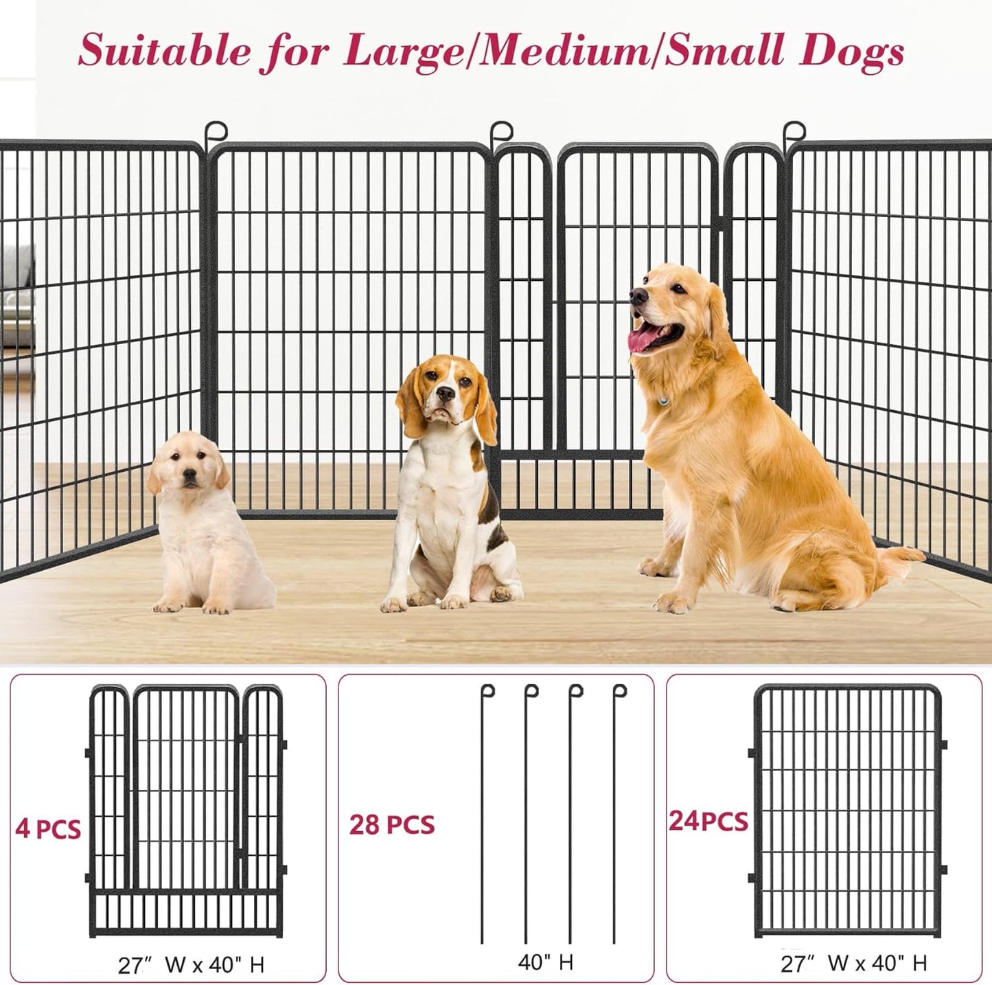 Dog Playpen 40 inch Dog Fence for Outdoor Indoor Use Heavy Duty Metal Dog Pen for Large Dogs, Rustproof Pet Playpen Portable Pet Fence Outdoor for Yard, RV Camping, Customizable, 28 Panels