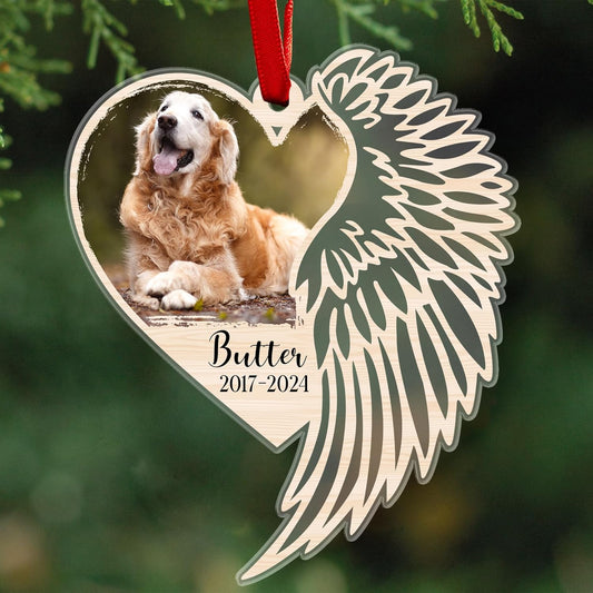 Heart and Wing Memorial Dog Ornament, Valentine's Memorial Keepsake Ornament for Loss of Pet, Customizable with Photo, Name & Years, Valentine's Gift for Pet Lover (Dog Wings Memorial)