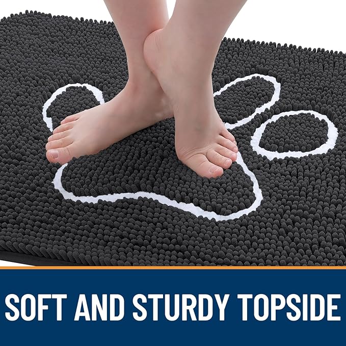 OLANLY Door Mat for Muddy Dog Paws 59x24, Ultra Absorbent Chenille Mud Doormat with Paw Print Design, Non-Slip Washable Doormat for Indoor Entryway, Quick-Dry Pet Bed Mats for Dirty Dogs, Dark Grey