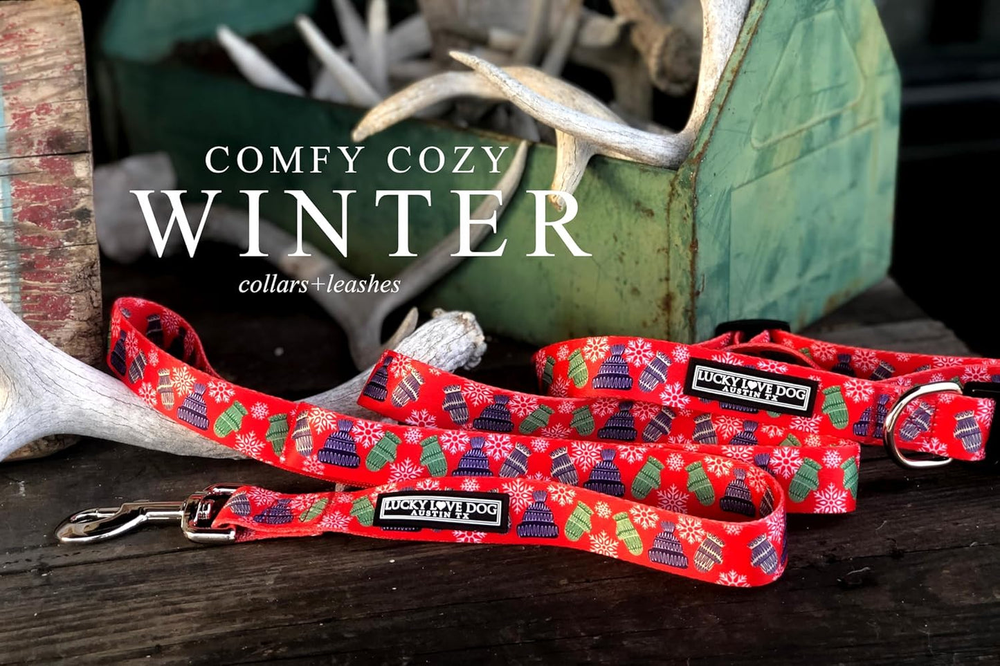 Lucky Love Dog, Winter Stocking Caps and Mittens Dog Collar and Leash Set, Matching Snowflakes Collar and Leash for Male and Female Dogs - (Extra Small, Chilly Combo)