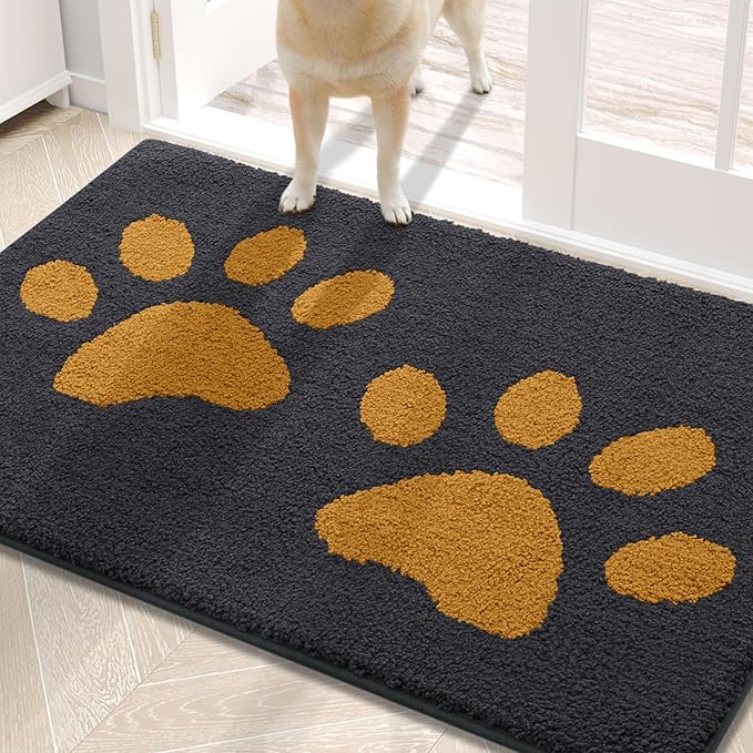 Buganda Dog Door Mat for Muddy Paws, Absorbent Dirt Trapper Washable Indoor Doormats, Non Slip Low-Profile Mud Mat for Dogs, Front Entrance Doormat for Inside Floor (30x20Inches,Dark Grey and Yellow)