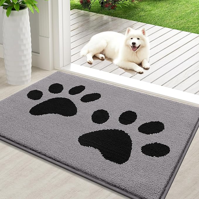 Buganda Dog Door Mat for Muddy Paws, Absorbent Dirt Trapper Washable Indoor Doormats, Non Slip Low-Profile Mud Mat for Dogs, Front Entrance Doormat for Inside Floor (36x24 Inches, Grey)