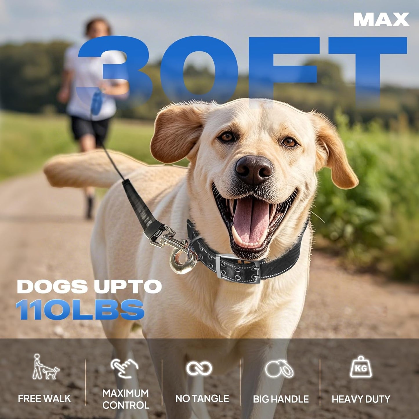 Fida 30ft Upgraded Retractable Dog Leash, Heavy Duty Pet Walking Leash for Medium/Large Breed up to 110 lbs, 360° Tangle-Free Long Retract Dog Lead, Soft Grip, One-Hand Brake, Blue