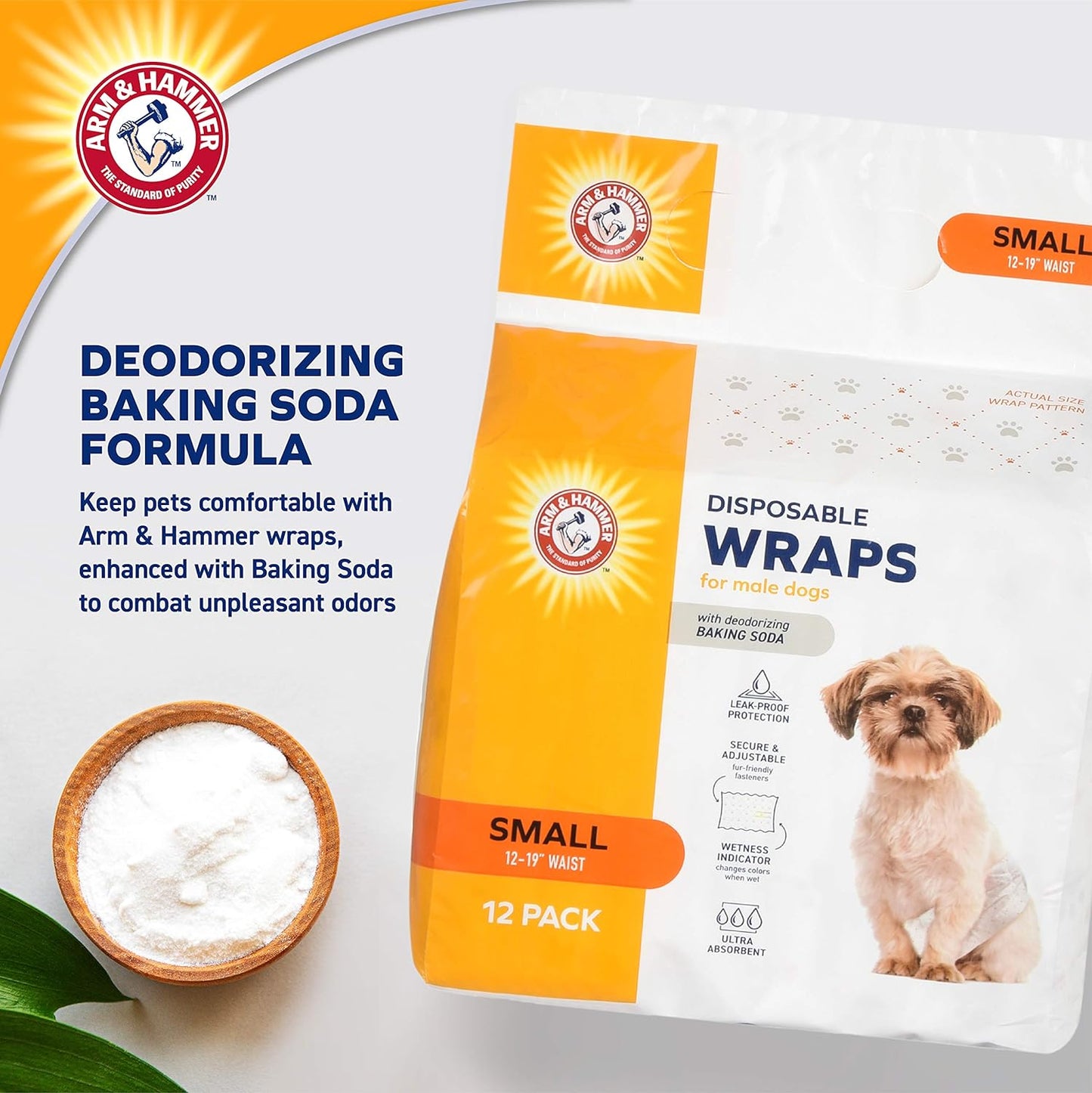 Arm & Hammer for Pets Male Dog Wraps, Size Small Ultra-Absorbent, Adjustable Male Dog Diapers with Leak-Proof Protection and Wetness Indicator | Baking Soda for Odor Control (Pack 6,72 Count Total)