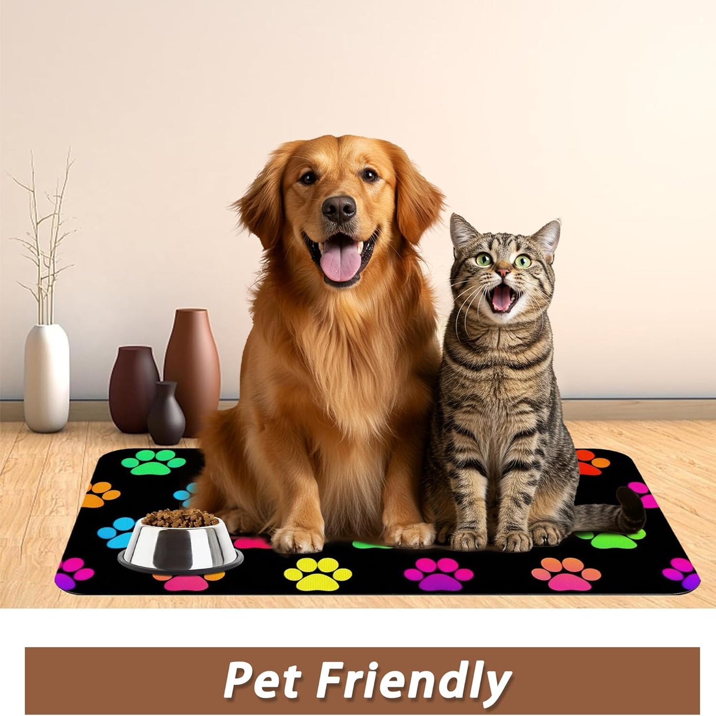 Cat Gradient Paw Print Dog Food Mat for Floors,Absorbent Pet Food and Water Bowl Mats,Non-Slip Pet Feeding Mat,Pet Supplies 12" x 20"