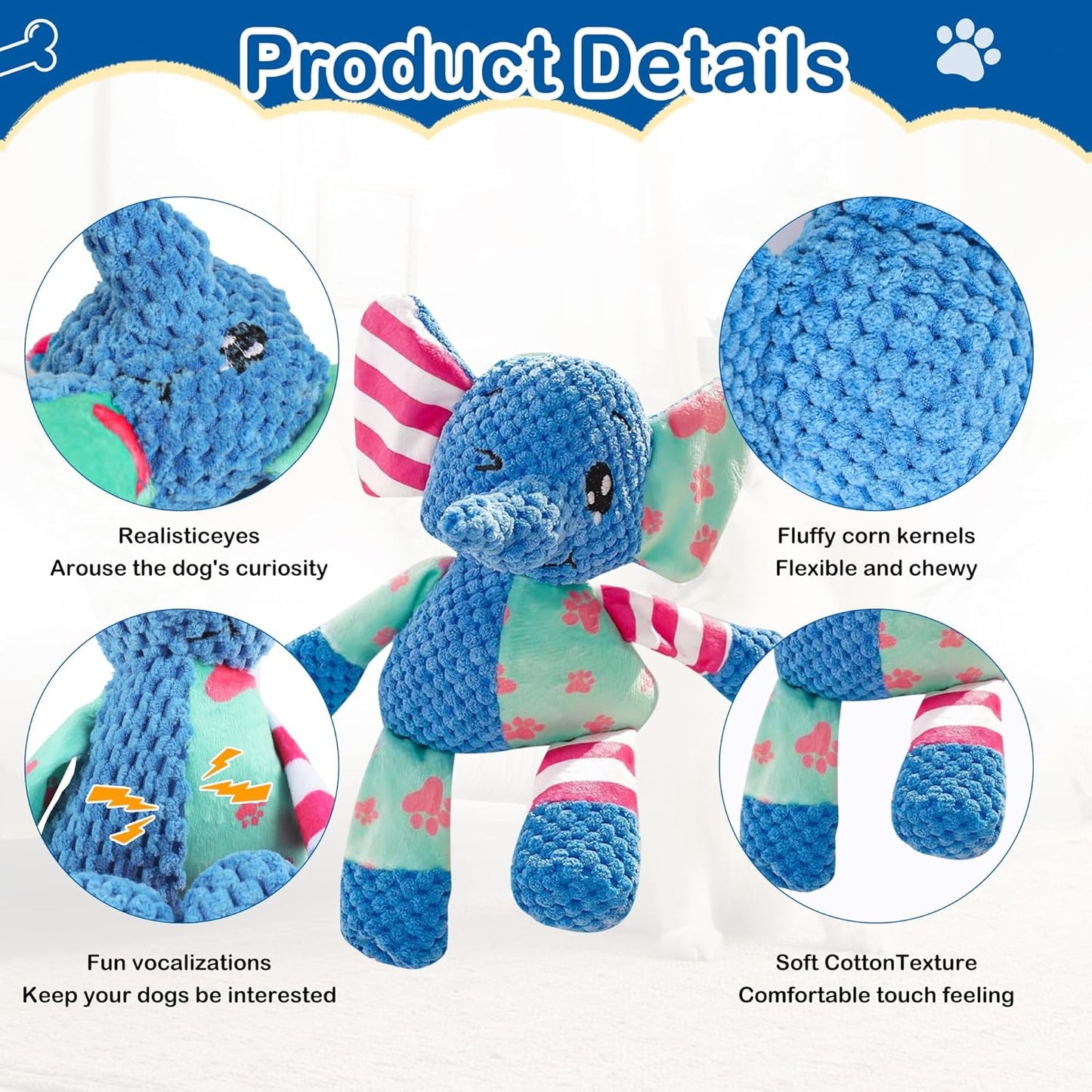 Elephant Indestructible Dog Toys - Squeak & Rope Toy for Large Dogs & Aggressive Chewers, Puppy Teething Toys