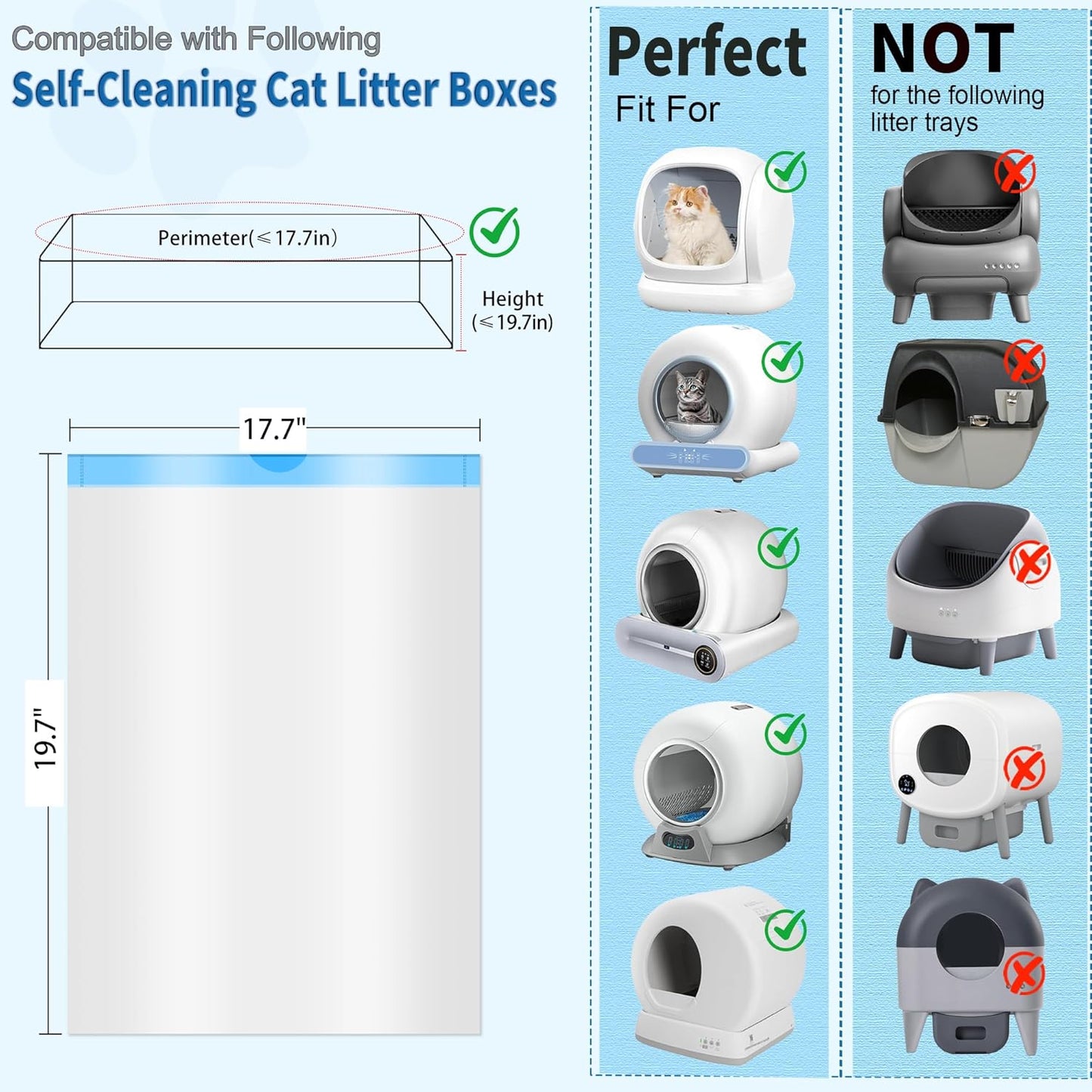 60 Count Self-Cleaning Cat Litter Box Liners Bag Compatible with MW-SC01/MW-SC02/MW-LR01, Drawstring Heavy Duty Cat Litter Receptacles Bags Fit For Automatic Pet Litter Box-17.7"* 19.7"