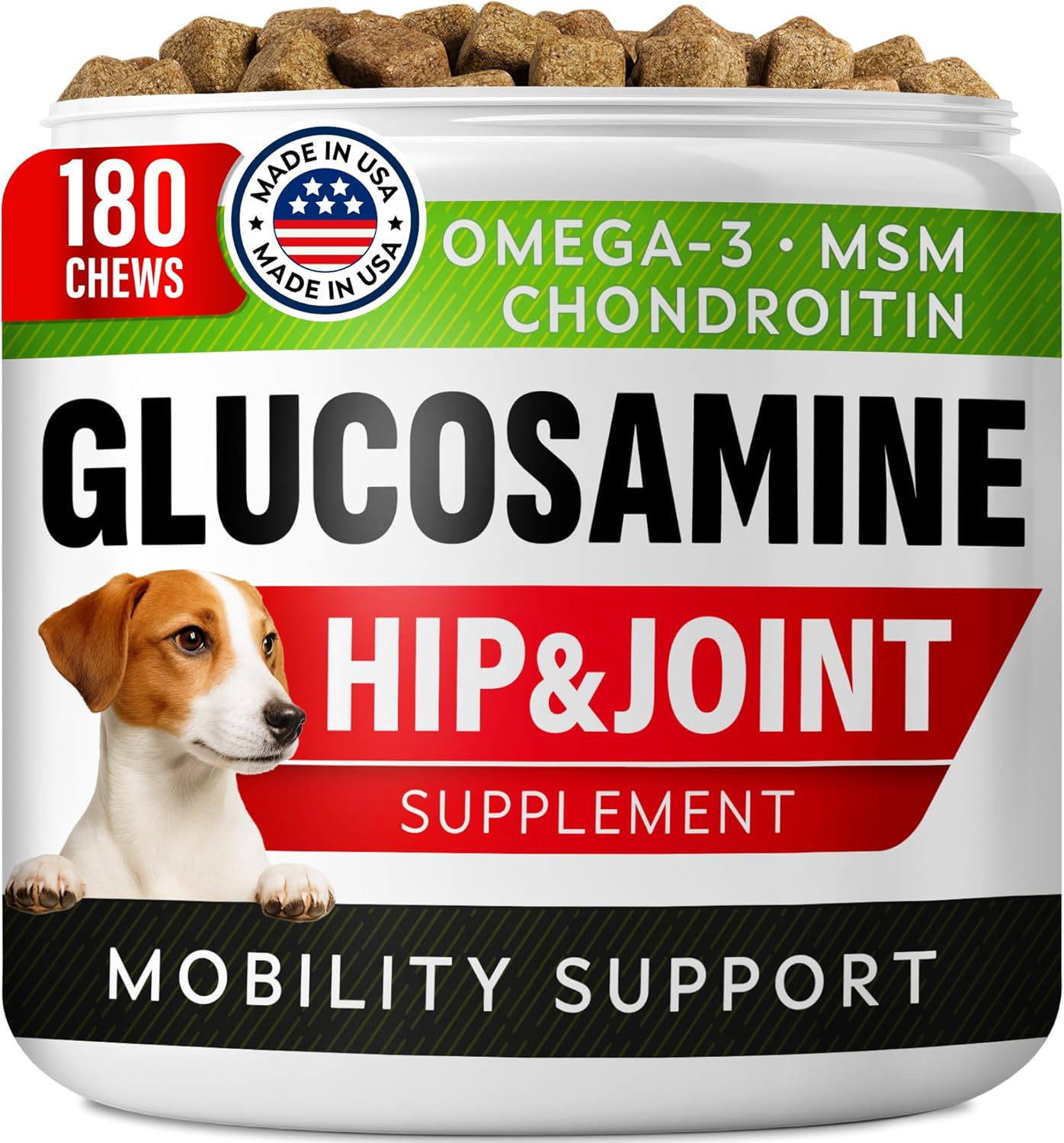 Glucosamine Treats for Dogs - Joint Supplement w/Omega-3 Fish Oil - Chondroitin, MSM - Advanced Mobility Chews - Joint Pain Relief - Hip & Joint Care - Peanut Butter Flavor - 180 Ct - Made in USA