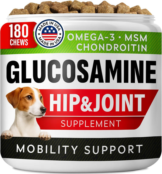 Glucosamine Treats for Dogs - Joint Supplement w/Omega-3 Fish Oil - Chondroitin, MSM - Advanced Mobility Chews - Joint Pain Relief - Hip & Joint Care - Peanut Butter Flavor - 180 Ct - Made in USA