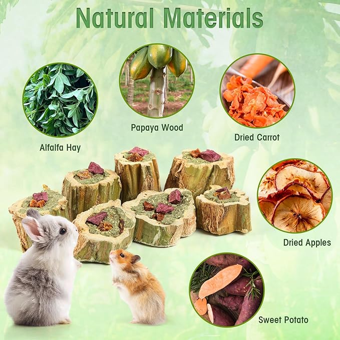 Abizoo Rabbit Chew Toys for Bunny Natural Papaya Wood Chew Treats with Organic Alfalfa Hay, Dried Carrot, Apple and Sweet Potato for Rabbits Guinea Pigs Hamsters Chinchillas Gerbils(3.5oz/100g)