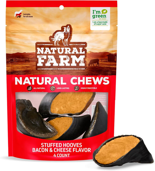 Natural Farm Bacon & Cheese Flavor Filled Cow Hooves for Dogs (4-Pack), Long-Lasting Natural Hoof Beef Bone Treats, Best for Small, Medium & Large Dogs