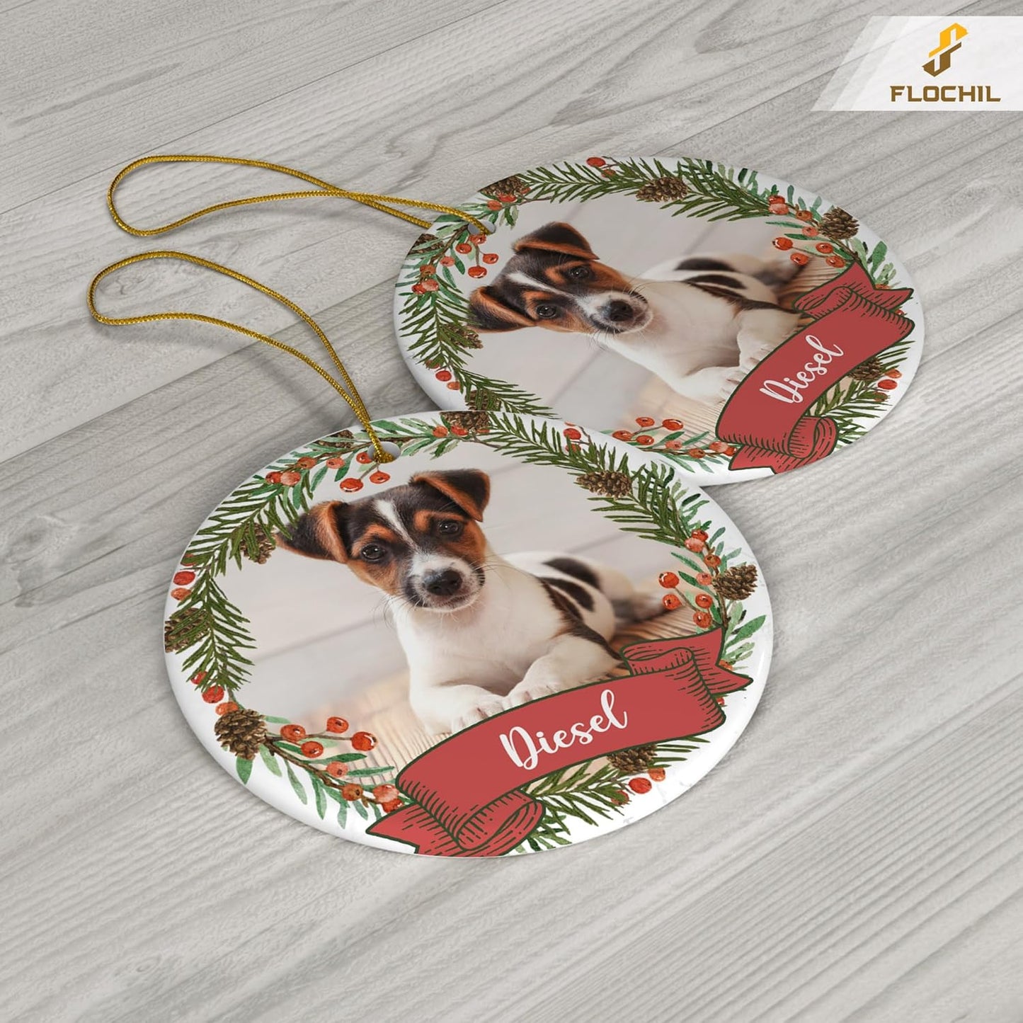 FLOCHIL Personalized Dog Christmas Ornaments, Custom Photo Name for Christmas Trees, Dog First Christmas Ornaments, Best Gifts for Pet Lovers