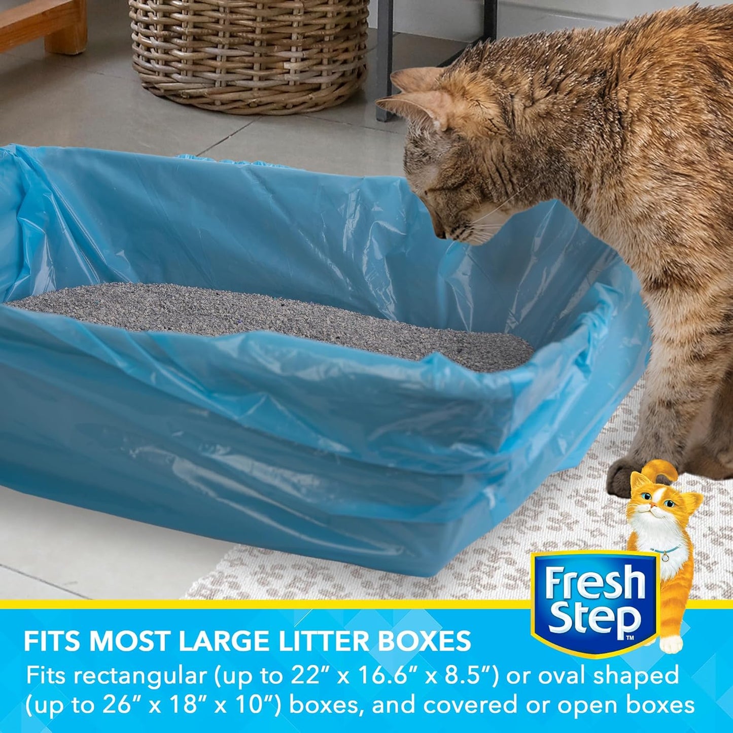 Fresh Step Drawstring Cat Litter Box Liners, Fresh Scent - Kitty Litter Bags for Rectangle or Oval Large Litterboxes, Size Jumbo, 36" x 19" - 15 Count