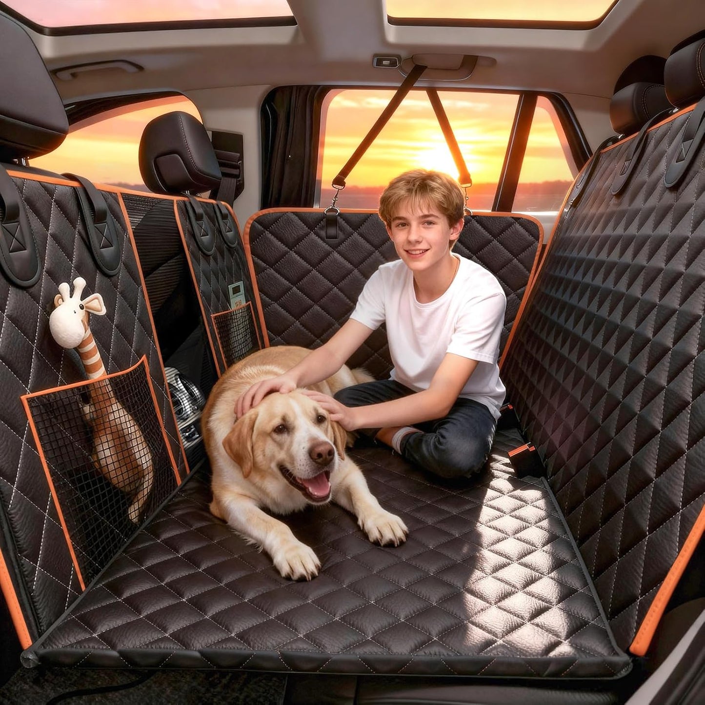 Dog Car Seat Cover for Back Seat，Hammock Seat Covers，Back Seat Extender for Dogs, Back Seat Pet Cover for Dogs Hard Bottom Holds 500lbs，Large Space Sturdy Waterproof Dog Seat Cover for Car, SUV, Truck
