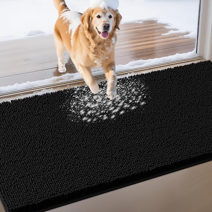 Extra Large Dog Door Mats for Muddy Paws, Chenille Absorbent Dog Mats, Non Slip Heavy Mud Mat for Dogs, Soft Pet Mat for Entryway, Mud Paws, Inside Floor,71" x 25", Black