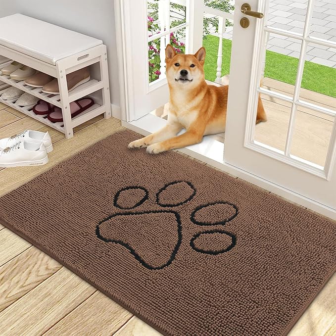 OLANLY Door Mat for Muddy Dog Paws 48x30, Ultra Absorbent Chenille Mud Doormat with Paw Print Design, Non-Slip Washable Doormat for Indoor Entryway, Quick-Dry Pet Bed Mats for Dirty Dogs, Mocha