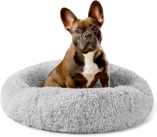 PetAmi Calming Dog Bed for Small Medium Dog Cat, Round Donut Dog Bed Washable, Fluffy Faux Fur Plush Cuddler Pet Kitten Cushion Bed, Anti-Slip, Fits up to 25 lbs, 23 inch, Light Gray