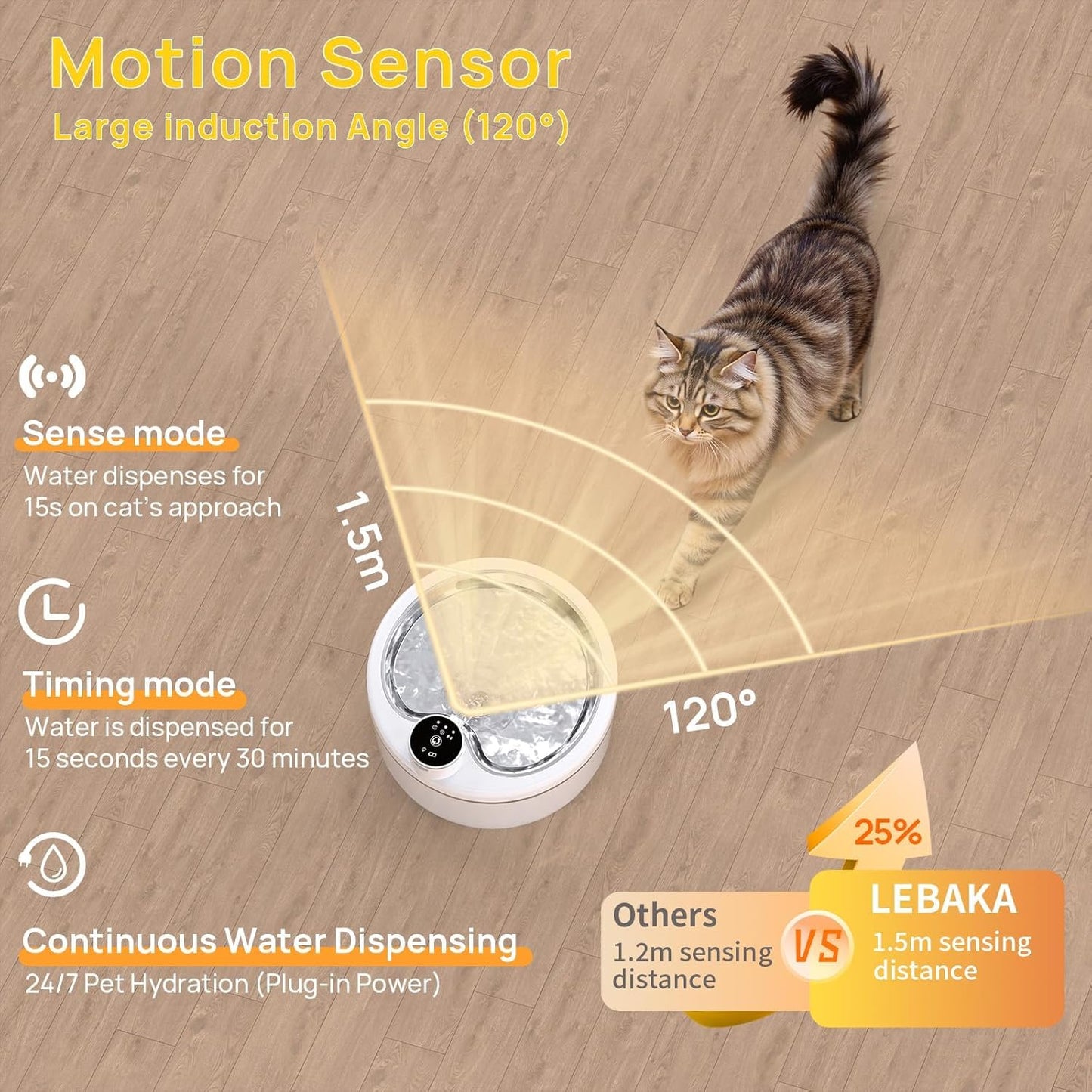 Wireless Cat Water Fountain with Stainless Steel Tray, Battery Operated Cat Fountain - 102oz/3L Automatic Pet Water Dispenser, Easy Clean with Motion Sensor for Cats, Dogs