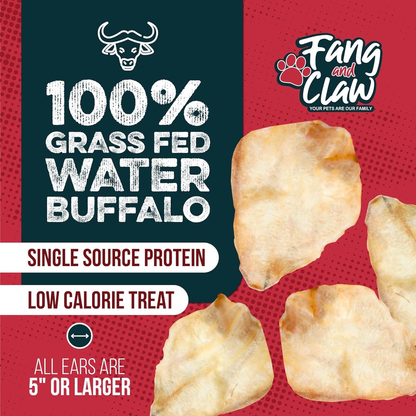 Fang & Claw 100 Count Water Buffalo Ears for Dogs – 100% Natural, Single-Ingredient, Long-Lasting Rawhide Alternative, Grain-Free