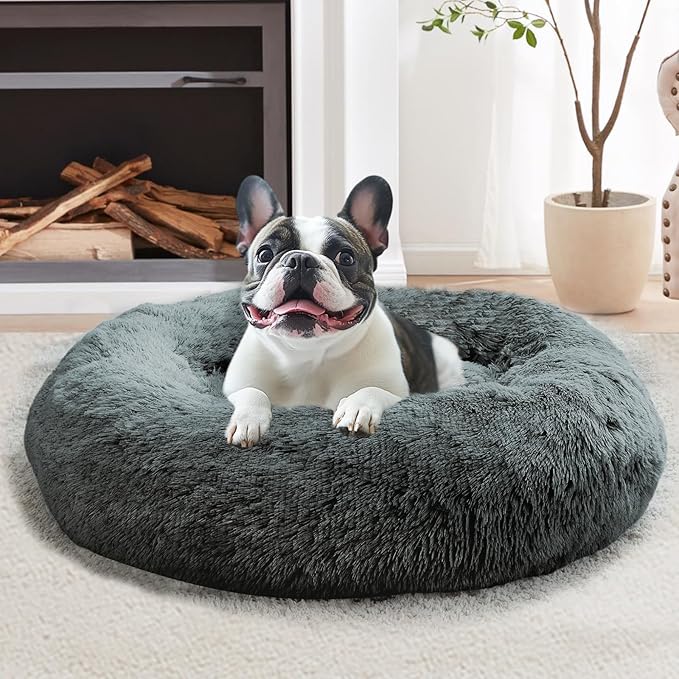 JOLLYVOGUE Calming Dog & Cat Bed for Small Dogs, Anti-Anxiety Donut Cuddler Cozy Soft Round Bed with Anti-Slip Bottom, Fluffy Faux Fur Plush Cushion Beds for Small Medium Dogs (27")