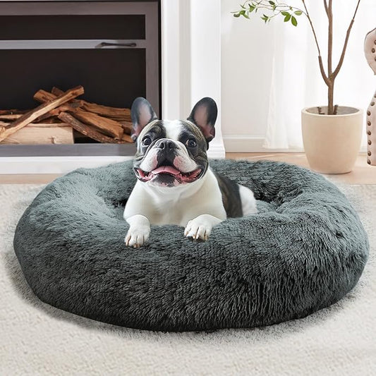JOLLYVOGUE Calming Dog & Cat Bed for Large Dogs, Anti-Anxiety Donut Cuddler Cozy Soft Round Bed with Anti-Slip Bottom, Fluffy Faux Fur Plush Cushion Beds for Medium Dogs (36")