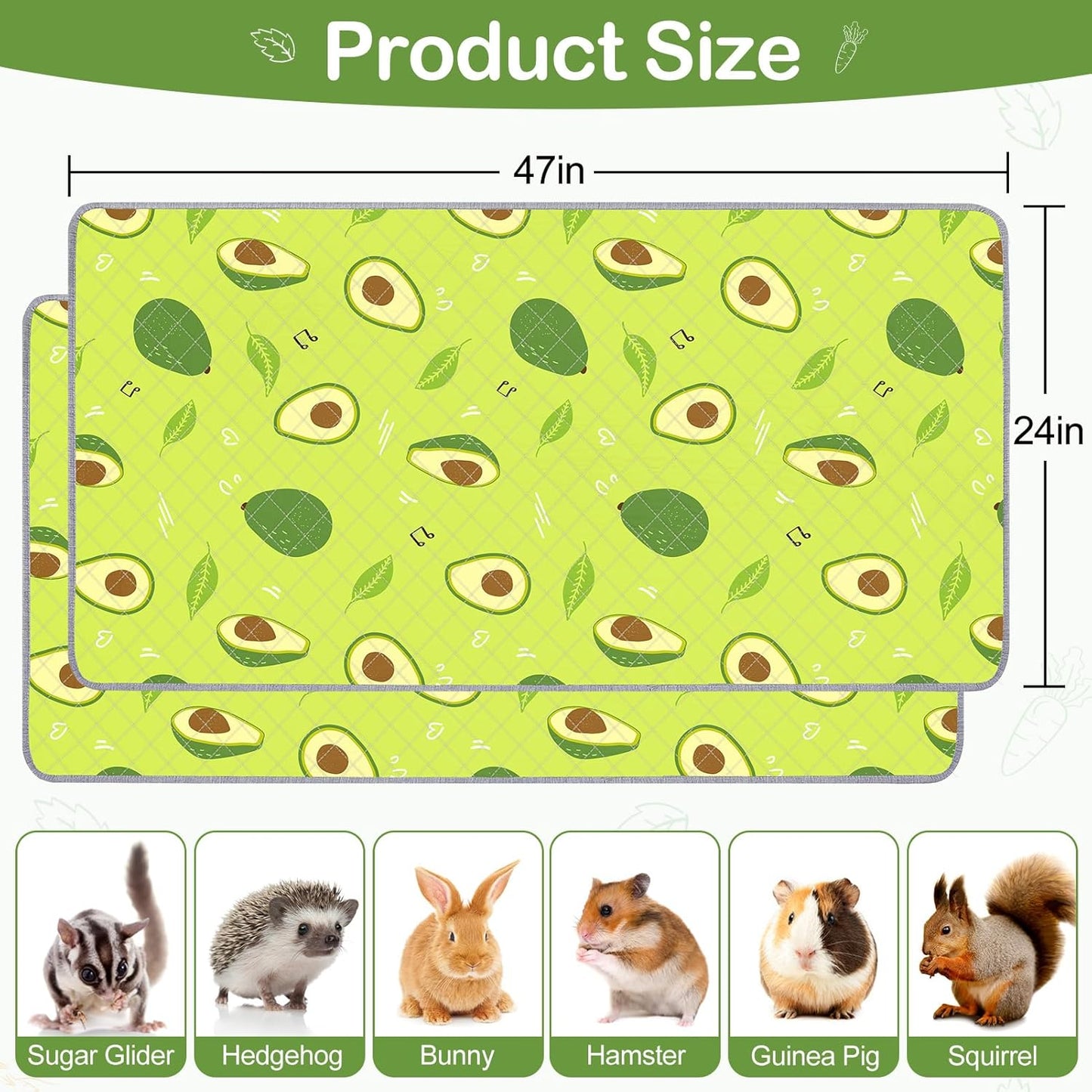 Bienbee Guinea Pig Bedding, 2 Pack 47" x 24" Reusable Guinea Pig Cage Liner Waterproof and Absorbent Small Animal Bedding Washable Pee Pads for Small Pet Hamster Rabbit Squirrel, Avocado