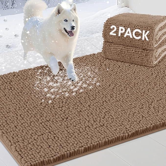2 Pieces Muddy Door Mats for Dogs, Chenille Absorbent Pet Mats, Quick Dry, Trap Dirt Non Slip Heavy Indoor Doormat Soft Dog Bed Mat Front Inside Door Mat for Indoor Outdoor Entrance,Camel
