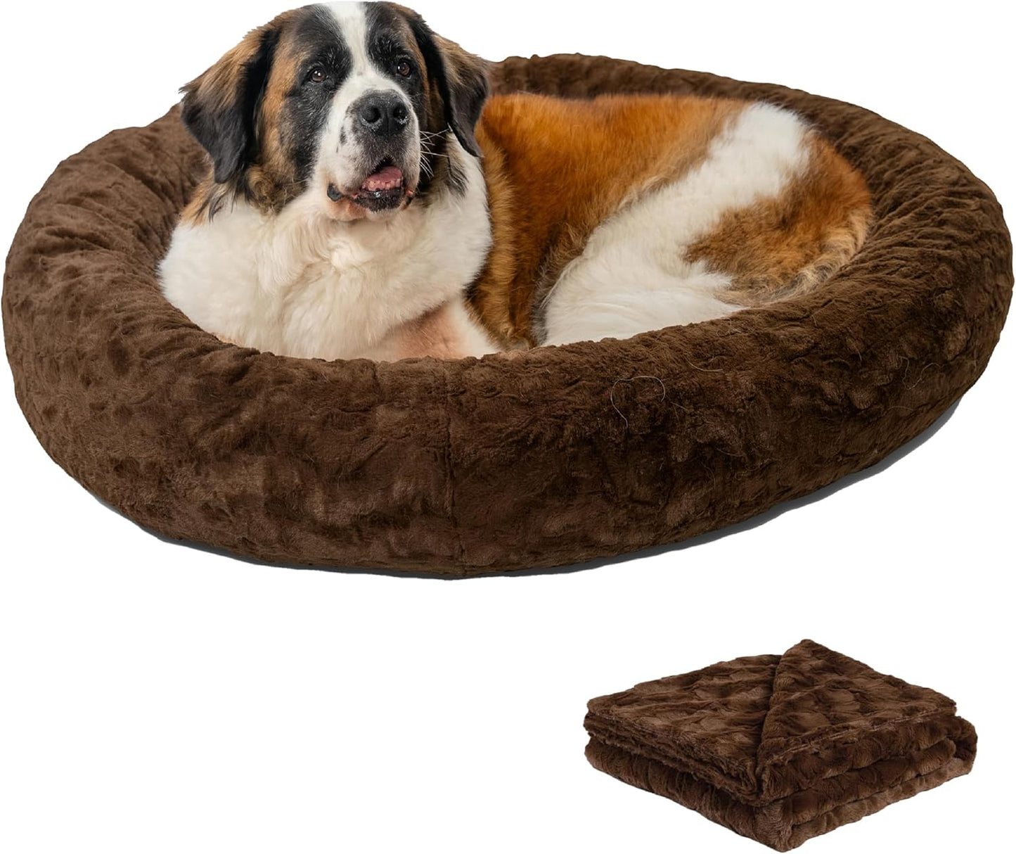 Best Friends by Sheri Bundle Set The Original Calming Lux Donut Cuddler Cat and Dog Bed + Pet Throw Blanket, Dark Chocolate, Extra Large, 45x45
